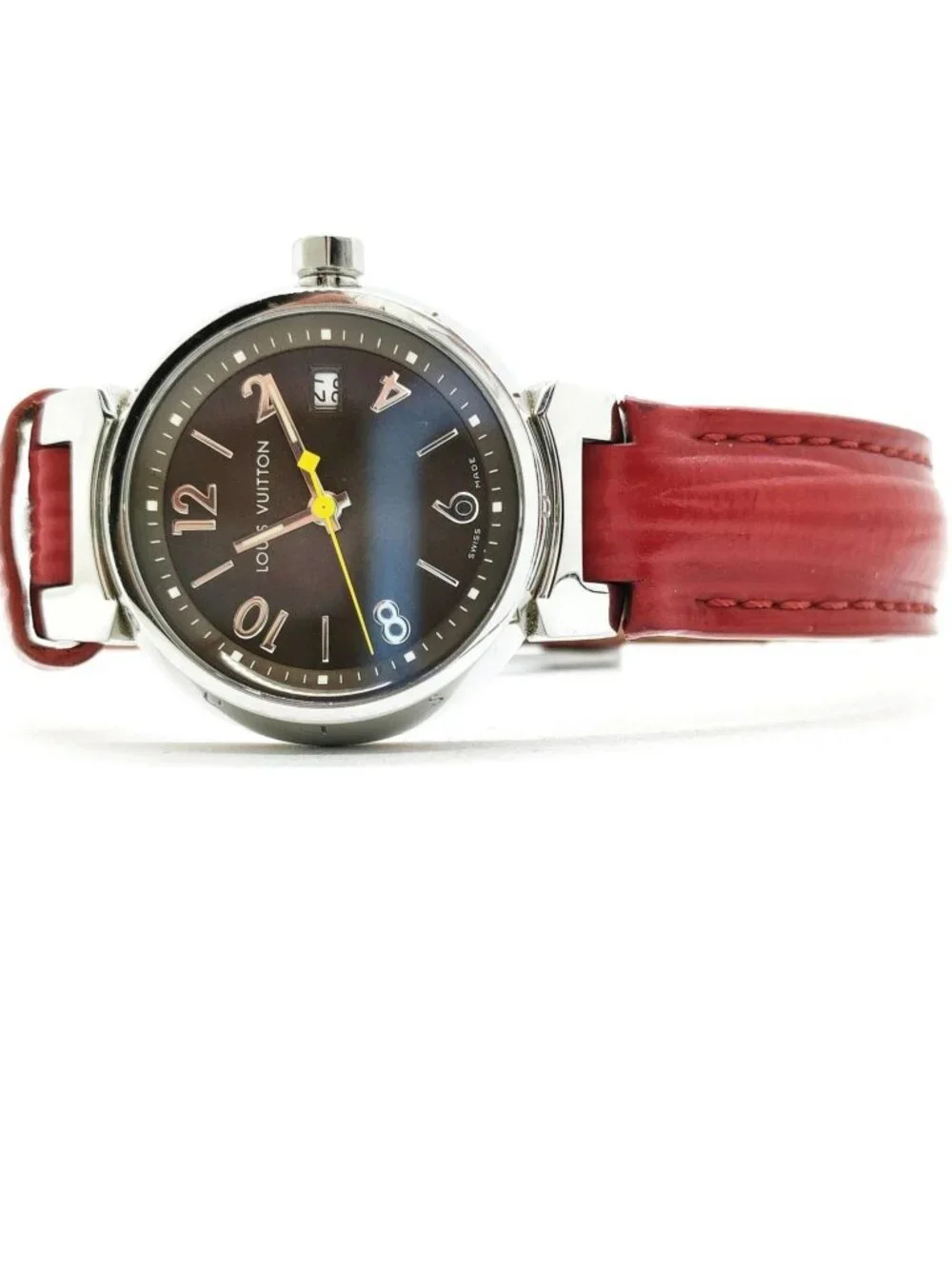 Authentic Louis Vuitton Tambour Black Dial Red Leather Strap Swiss Quartz